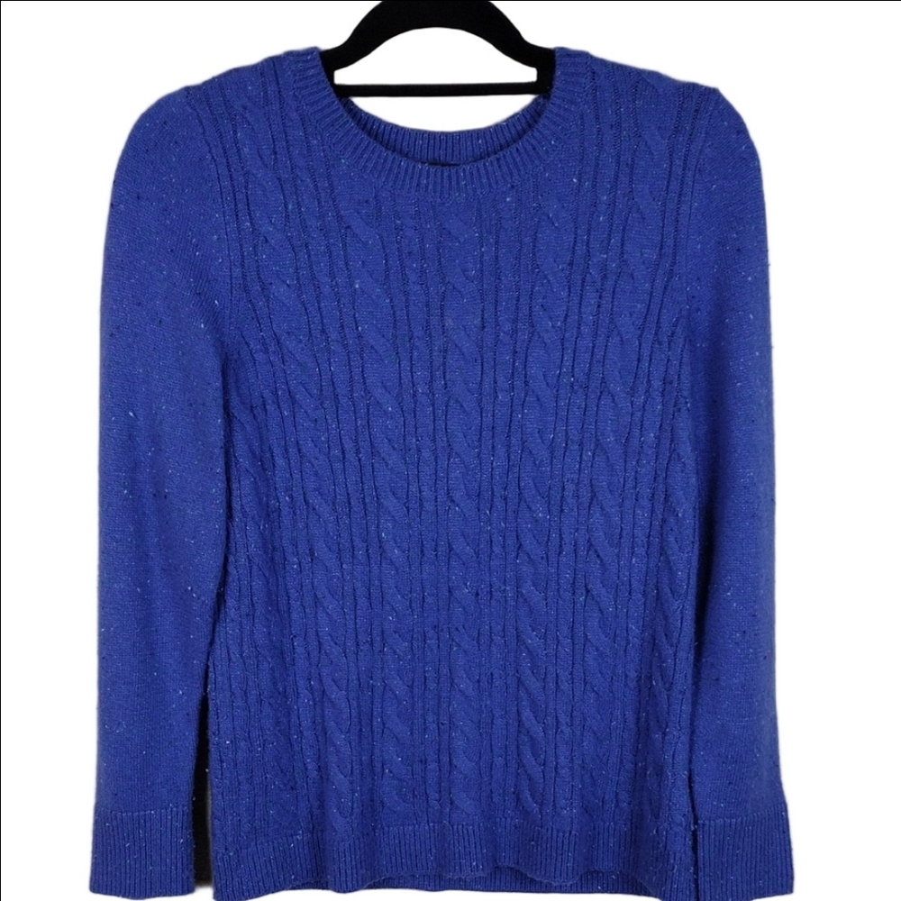 Talbots Petite Blue Marbled Crew Neck Long Sleeve Pullover Cable Knit Sweater